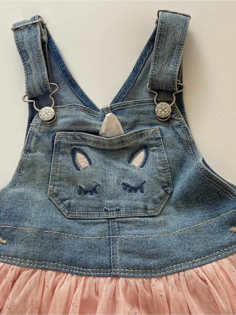 OshKosh B'gosh Denim Unicorn Overall Dress in Blue and Pink